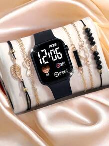 6 Stück/Set 1 Stück neue LED Digital Anzeige Quadratische Elektronische Uhr + 5/4 Stück Armband Schwarzes Seil Schwarze Perle Liebe Ziffer 8 Blatt Armband Vintage Stil Schwarzes Geometrisches Quadrat 5 Stück Armband Horoskop, Liebe, Geometrisches Quadrat, Blatt Armband Die beste Wahl für Halloween, Weihnachten, Valentinstag, Muttertag, Feiertagsgeschenke