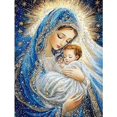 DIY Pintura de diamante redonda 5D, Virgen, Pintura de diamante de piedras rhinestone completa, Kit de pintura de diamante redonda, Decoración de pared para el hogar y la oficina, Regalos manuales