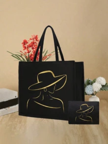 一套金色花卉印花手提包和化妆包，轻便大容量托特包，可重复使用购物袋，便携式旅行沙滩包（含化妆包），生日/教师节/护士节礼物，周年纪念礼物