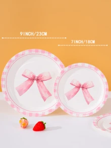 10/25pcs Bowknot Paper Plates, Pink Bow Designed Disposable Plates For Party, Birthday Party, Gift-Giving, Hold 25 Guests - Multicolor - View 2