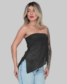 WOMEN'S BASIC ASYMMETRICAL CROPPED TUBE TOP, STRAPLESS, SUMMER, STRAP-ON, AITONA LINING - Black - View 2