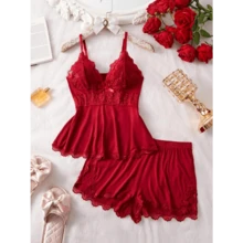 Women's Solid/Leopard Print Cami Top & Lace Trim Shorts Pyjama Two-Piece Set, Casual Comfy Camisole & Shorts Pj Set, Ladies Sleepwear For All Seasons, Loungewear, Womenswear - Red - View 2