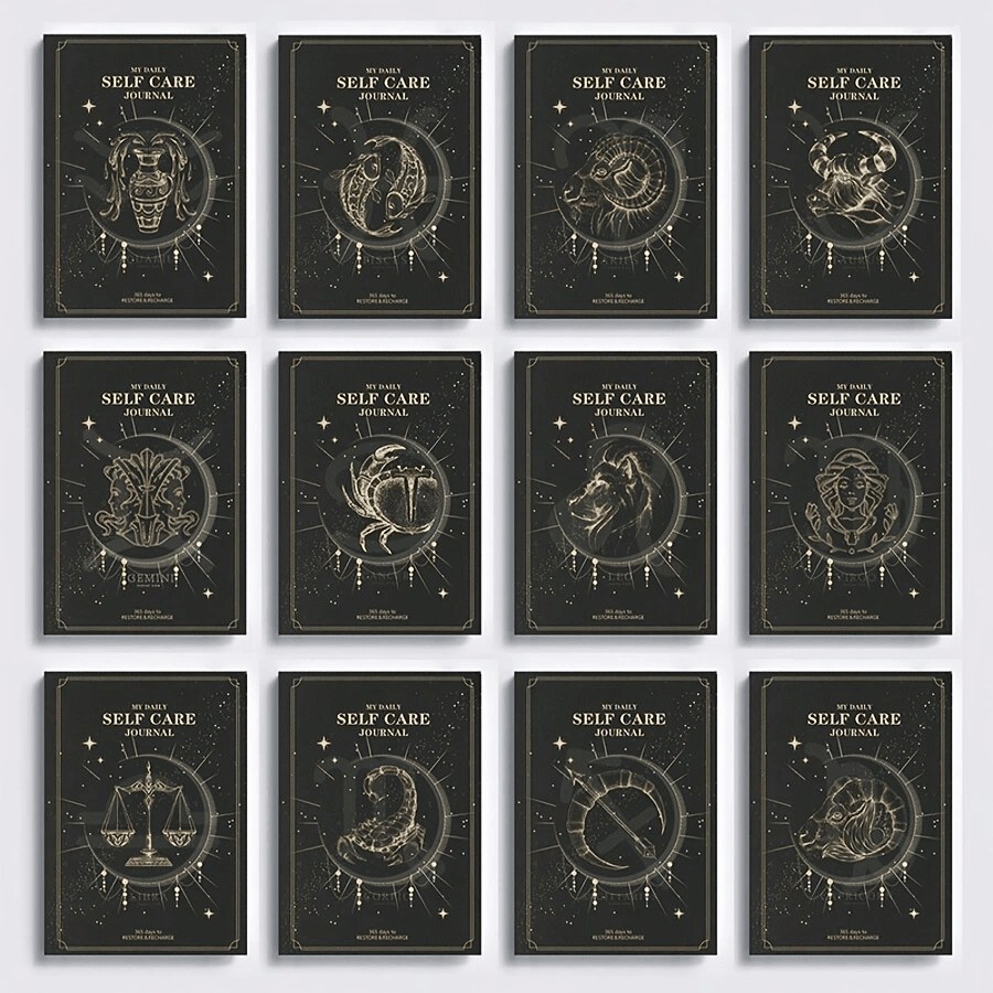 12 Zodiac Themed Self-Care Diary, Black Classic Hardcover Design, Retro Style, Dot Matrix Regular Shape, Black, Suitable For 12 Zodiac Enthusiasts, Daily Recording
