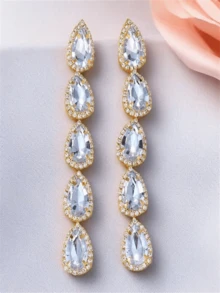返校季最佳朋友教师节礼物配饰不对称白色水钻耳环女士时尚珠宝新款时尚大水晶长流苏吊坠耳环不对称白色水钻耳环高品质百搭款式耳环