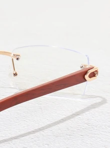 1 pereche ochelari de vedere fără prescripție medicală pentru bărbați, din metal, îngust, pătrat, fără ramă, cu aspect de lemn artificial
