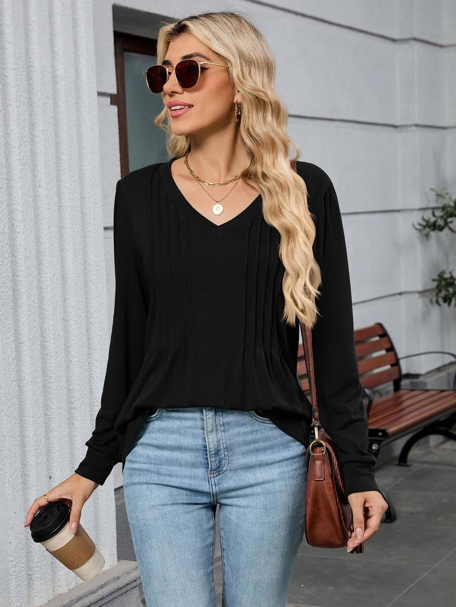 Damska plisowana koszulka do pracy w biurze z długim rękawem i dekoltem w serek, w jednolitym kolorze, swobodna i wygodna