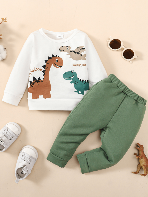 2 piezas Set de sudadera de manga larga con cuello redondo y pantalones con estampado de dinosaurio, adecuado para uso diario casual y actividades al aire libre