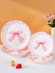 10/25pcs Bowknot Paper Plates, Pink Bow Designed Disposable Plates For Party, Birthday Party, Gift-Giving, Hold 25 Guests - Multicolor - View 5
