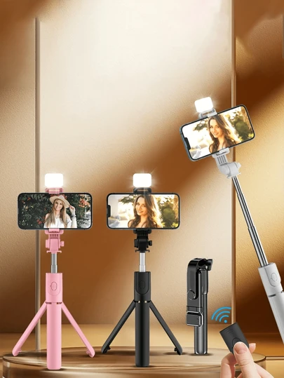 蓝牙自拍杆三脚架，带补光灯和遥控器，适用于大多数智能手机，内置LED灯，便携式可调光LED视频灯，适用于相机和摄像机，可用于Vlog拍摄、自拍、视频录制、Zoom会议、采访、直播、Vlog、家庭聚会、圣诞派对拍摄，也可用于手持自拍和户外活动