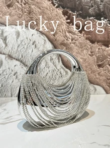 1PC Luxury Silver Rhinestone Bling Women Handbag, Exquisite Cosmetic Acrylic Clutch Bag, Elegant Evening Purse Women, Tready Tassels Party Bags, Perfect For Party, Wedding, Prom, Dinner/Banquet - Silver - View 4