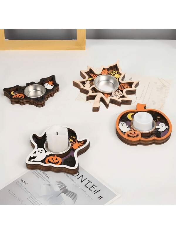 1pc Halloween Wooden Candle Holder Base, Creative Decor Piece, Thanksgiving Atmosphere Wooden Candle Holder, Holiday Dining Table Decoration Home Decor Room Decor Halloween Decor