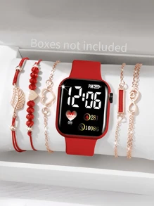 6 Stück/Set 1 Stück neue LED Digital Anzeige Quadratische Elektronische Uhr + 5/4 Stück Armband Schwarzes Seil Schwarze Perle Liebe Ziffer 8 Blatt Armband Vintage Stil Schwarzes Geometrisches Quadrat 5 Stück Armband Horoskop, Liebe, Geometrisches Quadrat, Blatt Armband Die beste Wahl für Halloween, Weihnachten, Valentinstag, Muttertag, Feiertagsgeschenke