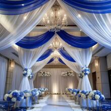 2pcs Navy Blue And White Ceiling Mesh Curtain Set, 2.46x26.24ft/5.24x26.24ft, Suitable For Table Runner Decor, Wedding Ceiling Curtain Arch Curtain, Transparent Blue Window Curtain, Wedding Arch Curtain, Party Decor Material, Suitable For Wedding, Bridal Shower, Birthday, Anniversary And Other Occasions - Multipurpose Decor For Indoor And Outdoor Events