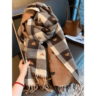 Plaid & Heart Pattern Tassel Design Scarf, Elegant Soft Warm Thick Shawl For Women & Men, Fashion Accessories For Fall & Winter