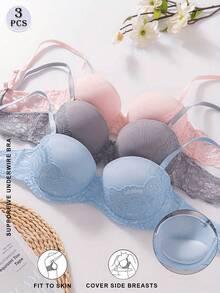 3件套简约性感纯色蕾丝拼接细肩带女士文胸套装 - 彩色 - 查看 2