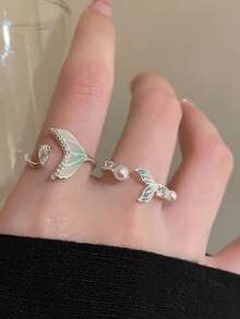 1/2 件渐变色锆石开口戒指，时尚简约设计指环，精致百搭的女士珠宝配饰 - 彩色 - 查看 4