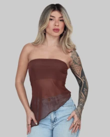 Women's Basic Strapless Asymetrical Cropped Tube Top, Summer, Strapless, Aitona Lining - Rỉ Nâu - Xem 1