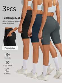 Set de 3 piezas de pantalones cortos/shorts de mujer de cintura alta con control de abdomen, con bolsillos, de tela elástica y transpirable para absorber la humedad, para fitness, deportes al aire libre, yoga, pilates, correr, ciclismo