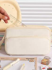 1 件简约纯色三角形阶梯式学生铅笔盒，手提大容量布艺桌面铅笔盒 - 多隔层收纳盒，可存放计算器、笔记本和笔 - 适合学校、办公室和旅行 - 学生、专业人士、男女、学校文具收纳盒、多功能收纳、拉链封口、铅笔盒、用于学校用品、返校