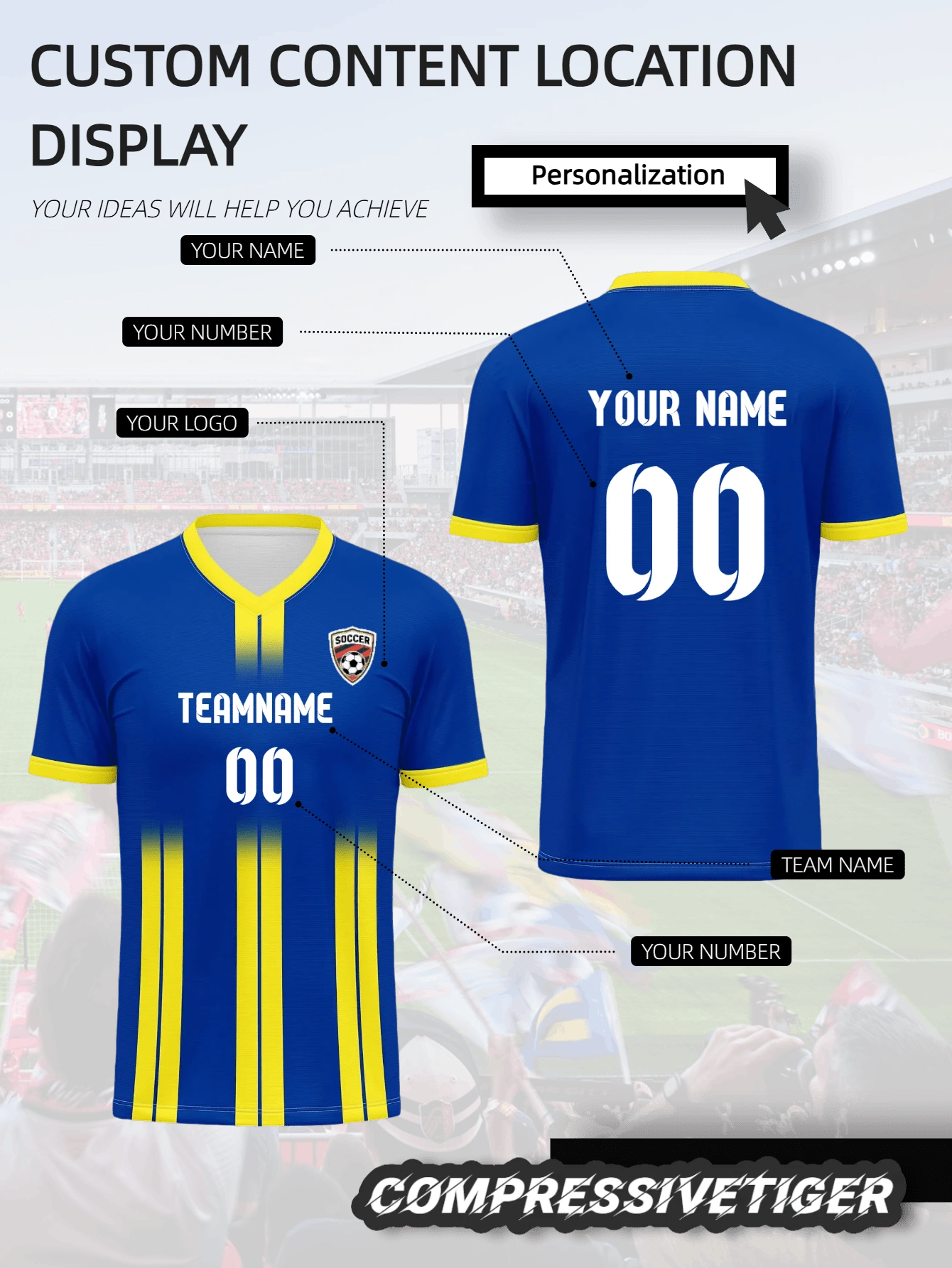 Custom Men's Football Training Top - Blue & Yellow Trimmed V - Neck Jersey With Gradient Vertical Stripes, Personalized Name & Number Printing (Front/Back), Custom Logo Placement, Quick - Dry Breathable Moisture - Wicking Sports Shirt, Designed For Soccer, Volleyball, Casual Wear, Suitable For Team Uniforms & Individual Use, Unique Personalization For Sports Style, Comfortable Fabric For Active Movement, Stand Out On Field Or Court - Blue - View 1