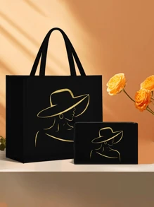 一套金色花卉印花手提包和化妆包，轻便大容量托特包，可重复使用购物袋，便携式旅行沙滩包（含化妆包），生日/教师节/护士节礼物，周年纪念礼物