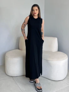 Kit Of 2 Women's Long Dresses With Pocket Basic Elegant Casual Premium Cotton - Xám/Đen - Xem 10