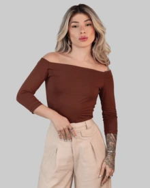 WOMEN'S FITTED SHOULDER BLOUSE IN SOLID COLOR, SHOULDER TO SHOULDER, STRAP-UP VISCOSE AITONA - 鏽棕色 - 查看 2
