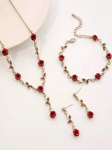 1 Pc Light Luxury Retro Style Red Rose Earring Bracelet Necklace Set, Suitable For Women To Wear On Dates, Parties, And Daily Occasions