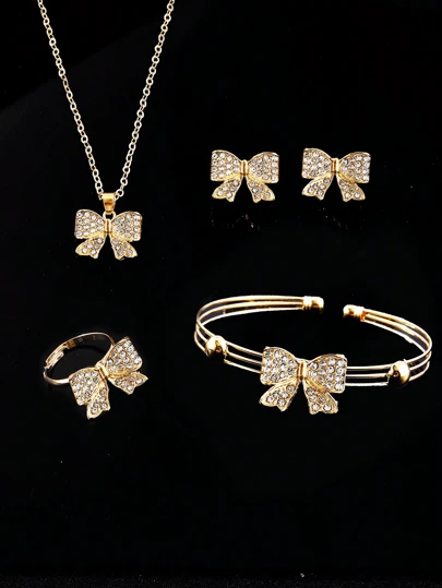 5pcs/Set Gold Crystal Butterfly Decor Fashion, Versatile, Casual Jewelry Set For Teenage Girls