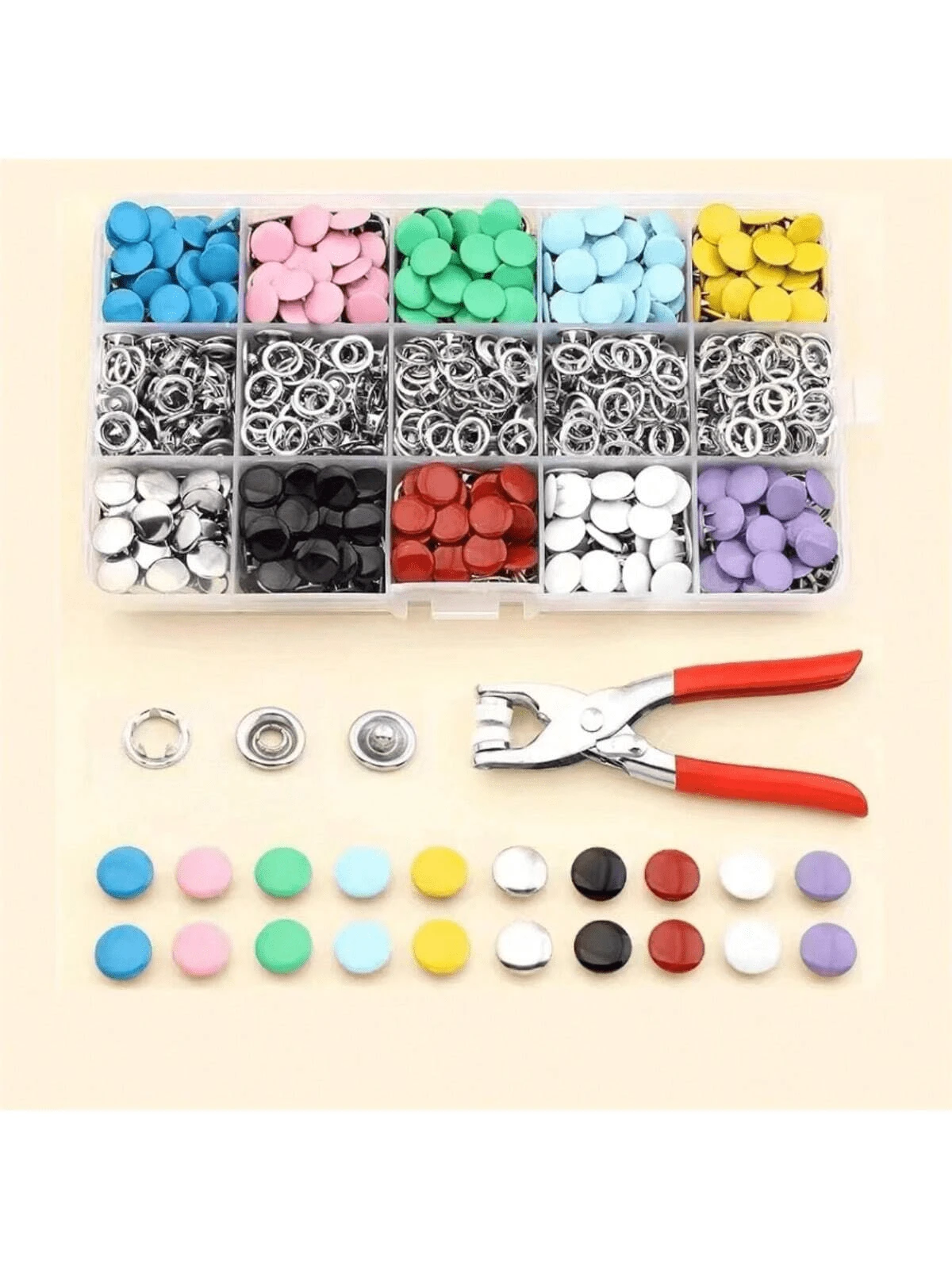 50/100 piezas Kit de botones a presión de metal vibrantes y duraderos con alicates, adecuado para principiantes y profesionales para manualidades DIY, ropa, bolsos, suministros de costura
