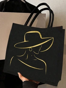 一套金色花卉印花手提包和化妆包，轻便大容量托特包，可重复使用购物袋，便携式旅行沙滩包（含化妆包），生日/教师节/护士节礼物，周年纪念礼物