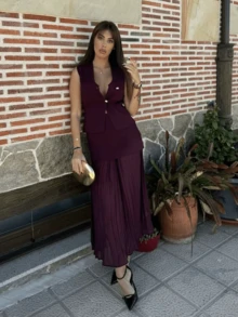 HZXVIC 女士优雅两件套 V 领无袖纽扣针织背心上衣拼接高腰侧拉链长裙 - 酒紅色 - 查看 7