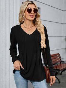 Damska plisowana koszulka do pracy w biurze z długim rękawem i dekoltem w serek, w jednolitym kolorze, swobodna i wygodna