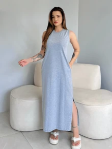 Kit Of 2 Women's Long Dresses With Pocket Basic Elegant Casual Premium Cotton - Xám/Đen - Xem 8
