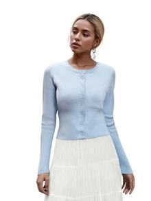 Women's Cropped Cardigan Bolero Shrug Long Sleeve Button Down Knit Sweater For Dresses And Jeans, Sizes S To XL - 藍色 - 查看 2