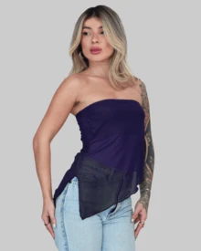 WOMEN'S BASIC ASYMMETRICAL CROPPED TUBE TOP, STRAPLESS, SUMMER, STRAP-ON, AITONA LINING - Teal Blue - View 2