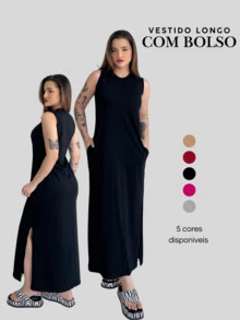 Kit Of 2 Women's Long Dresses With Pocket Basic Elegant Casual Premium Cotton - Xám/Đen - Xem 4
