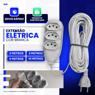 Extensão Elétrica Branca 10 Metros - Bivolt 110/220 10A Tomada Tripolares casa Resistente Compacta