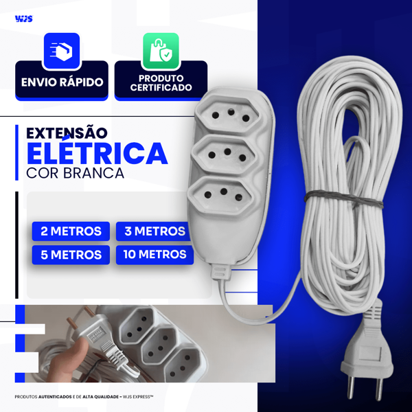 Extensão Elétrica Branca 10 Metros - Bivolt 110/220 10A Tomada Tripolares casa Resistente Compacta