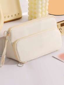 1 件简约纯色三角形阶梯式学生铅笔盒，手提大容量布艺桌面铅笔盒 - 多隔层收纳盒，可存放计算器、笔记本和笔 - 适合学校、办公室和旅行 - 学生、专业人士、男女、学校文具收纳盒、多功能收纳、拉链封口、铅笔盒、用于学校用品、返校