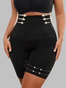 1 pieza Pantalones cortos deportivos casuales para correr sin costuras de cintura alta para mujeres de talla grande - Negro - Ver 4