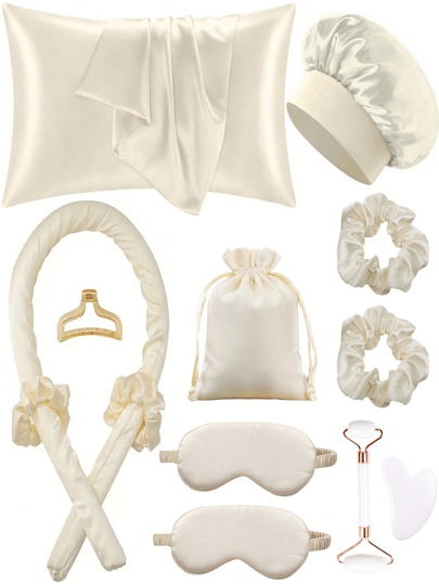 12pcs Sleeping Hair Styling Tools Set, 1pc Curling Iron 1pc Silk Pillowcase For Hair And Skin Queen Set, Silk Heatless Curling Kit, Overnight Curling Iron, 1pc Sleeping Soft Eye Mask, 1pc Dual Head Roller Massager, 1pc Heart Shaped Gua Sha Board, Back To School, Travel Holiday Essentials, Hair Curler, Rollers Hair Curl, Christmas, Hair Curler, Curly Hair Products, Hair Curl, Hair Roller, Rollers For Hair, Curly Hair Tools, Heatless Curlers, Curly Hair Brush, Hairdressing Equipment, Heatless Waves, Travel Essentials, Hairstyle, Hairdressing,Curly Hair,Hair Rollers,Hair Curler,Heatless Curl,Heatless Curls,Hair Curlers,Rollers,Hair Curl,Rollers For Hair,Curly Hair Tools,Hair Rollers,Hair Roller,Curls Diffuser,Hair,Travel,Hair Products,Hair Tools,Hair Stuff,Barber,Barber Accessories,Barbershop,Hairdressing Equipment