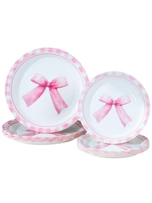 10/25pcs Bowknot Paper Plates, Pink Bow Designed Disposable Plates For Party, Birthday Party, Gift-Giving, Hold 25 Guests - Multicolor - View 1