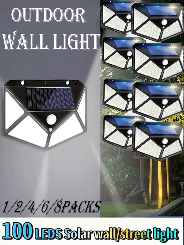 1/2/4/6/8 件户外太阳能灯 100LED 路径灯带运动传感器应急照明，3 种照明模式太阳能景观灯适用于庭院、街道、户外露营、商业照明、舞台、楼梯间、泳池，适用于圣诞节、万圣节、返校、节日季节