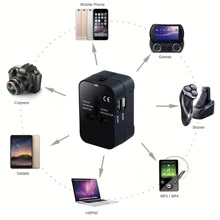 通用旅行适配器，双 USB 端口，110V-240V 输入，欧盟/美国/英国/澳大利亚插头，电涌保护，适用于 150 多个国家/地区，商务旅行必备 - 查看 5