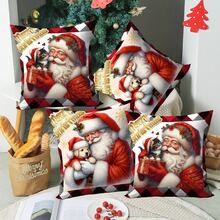 4 件/280 件圣诞主题枕套，圣诞老人和小狗图案，适用于圣诞节客厅卧室沙发装饰，圣诞派对装饰，45x45 厘米枕套，圣诞派对餐厅装饰，派对氛围装饰，不含枕芯，适合日常、节日、派对、生日、婚礼 - 抱小狗聖誕老人 - 查看 1