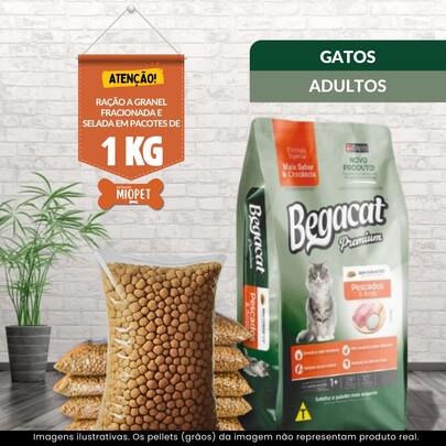Ração Begacat Gatos Adultos a Granel – Sabor Pescados e Arroz | 29% Proteína | Embalagem Selada por Quilo