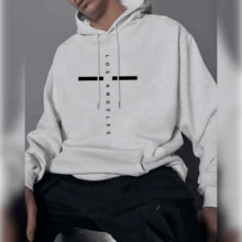 Men's Navy Fleece-Lined Hoodie With Geometric Print, Drawstring, And  Pocket - Casual Spring/Fall Pullover, Cotton Blend, Machine Washable, Hooded Sweater - 灰色 - 查看 1