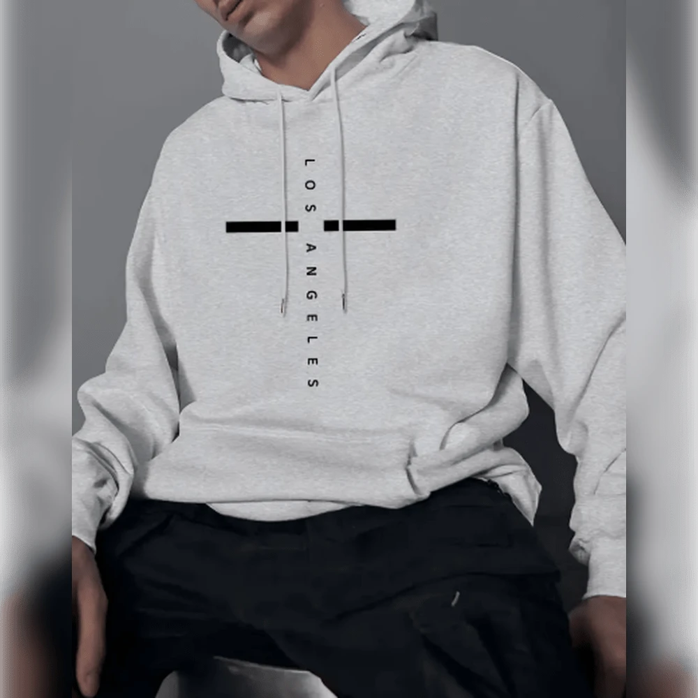 Men's Navy Fleece-Lined Hoodie With Geometric Print, Drawstring, And  Pocket - Casual Spring/Fall Pullover, Cotton Blend, Machine Washable, Hooded Sweater - 灰色 - 查看 1