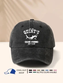 1pc Washed Quint Shark Printed Baseball Cap, Fishing Snapback Hat, Movie Fan Gift, Retro Dad Hat - Washed Cap - View 2